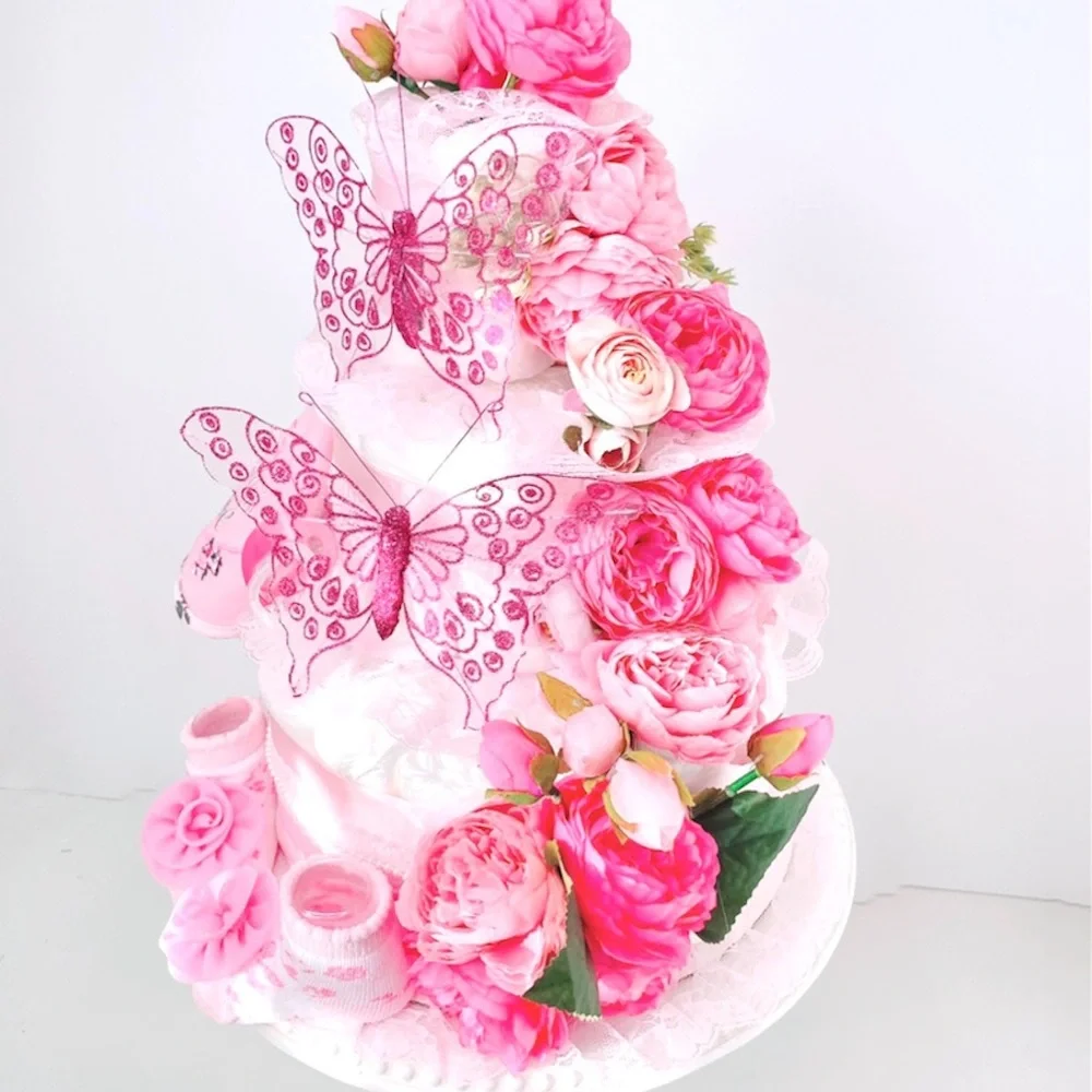 Butterflies Diaper Cake, Peonies Diaper Cake